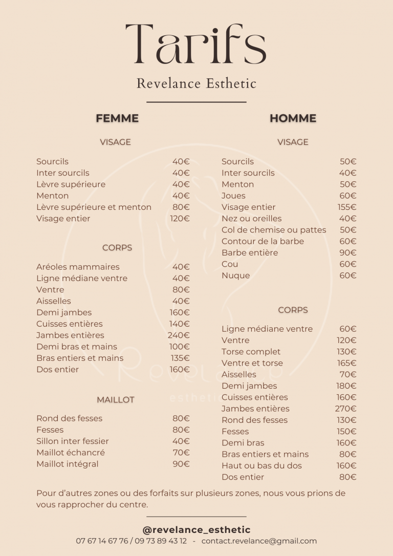 Tarifs de prestations d'épilation laser, IPL et définitive